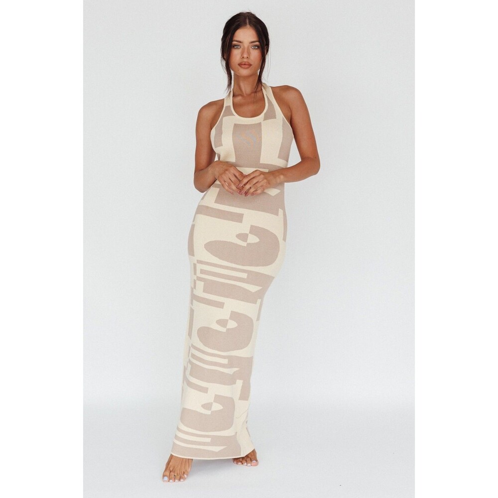 Selfie Leslie Desert Daze Dress Large Beige Maxi Knit Halter Resortwear